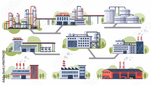 Collection of Industrial Factory Buildings with Pipes and Smokestacks.