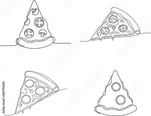 Four different slices of pizza with various toppings in continuous one line drawing style
