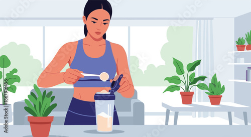 A young, fit woman in sportswear meticulously preparing a healthy protein shake at home, emphasizing her dedication to fitness, nutrition, and overall wellness routine