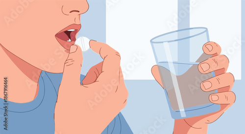 Close-up illustration of a person taking a daily medication or health supplement with a glass of water, symbolizing wellness and a proactive approach to well-being