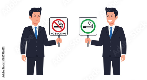 Man holding two signs, one prohibiting smoking and another permitting smoking