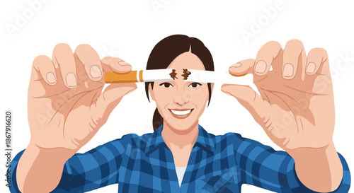 Woman breaking a cigarette, symbolizing her powerful decision to quit smoking and embrace a healthier, smoke-free lifestyle, showing personal resolve and wellness