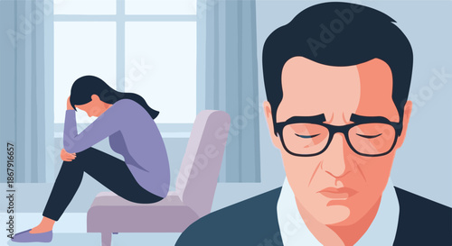 Depressed man with eyes closed and woman in background looking sad, symbolizing mental health issues and emotional distress