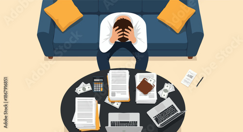 Man stressed over bills and finances with laptop and paperwork on the table