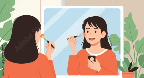 Cheerful young woman engaged in her daily beauty ritual, applying makeup with a smile in front of a mirror, embracing a moment of self-care and confidence
