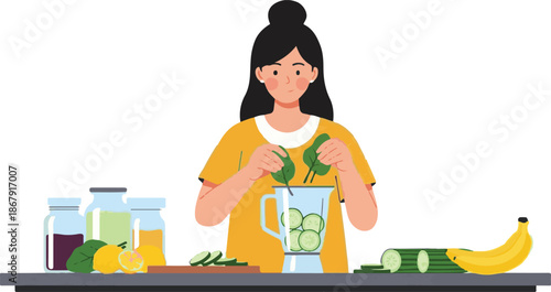 Young Woman Crafting a Nutrient-Rich Green Smoothie with Fresh Fruits and Vegetables for a Healthy Lifestyle and Daily Wellness Boost