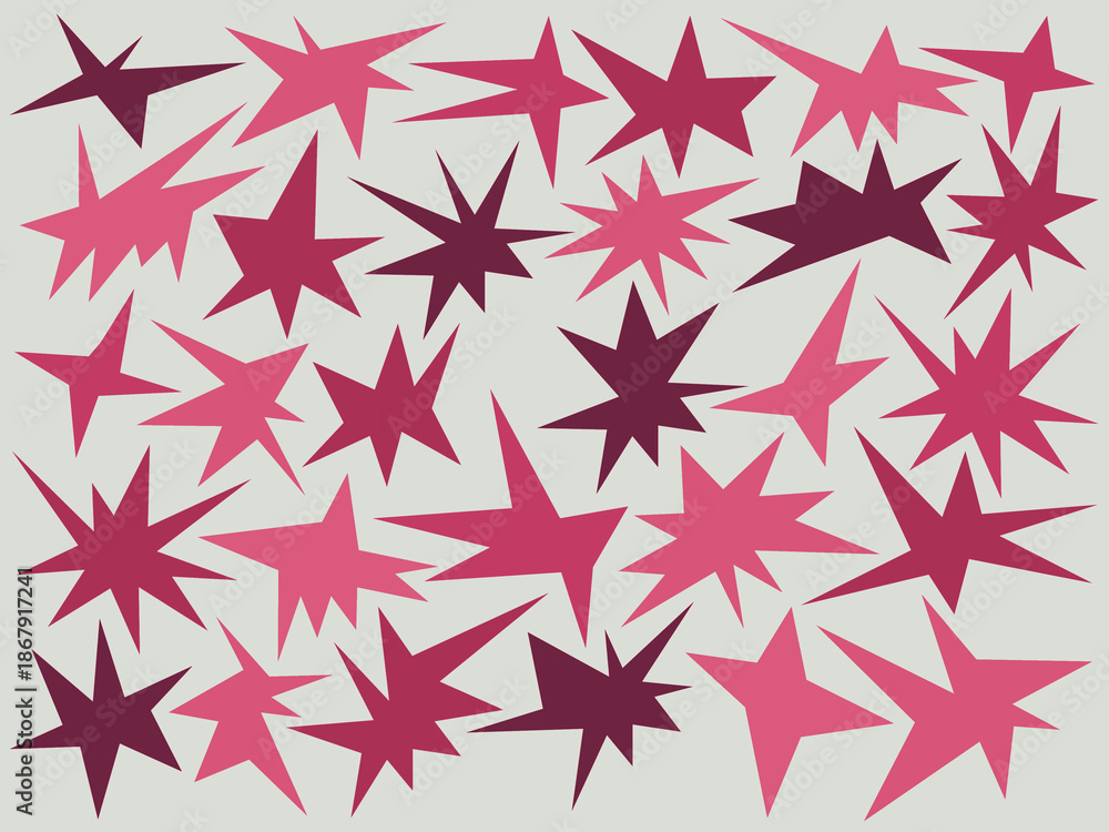 Obraz premium Seamless abstract pattern with scattered starburst shapes in shades of pink and burgundy on a light background. Playful retro-inspired design with dynamic geometric stars, perfect for wallpapers.