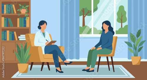 Psychiatrist One-on-One Consultation
A flat vector illustration of a psychiatrist sitting across from a patient in a private office, listening attentively. The psychiatrist holds a notebook 