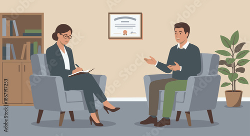 Psychiatrist Taking Patient Notes
A flat vector illustration of a psychiatrist writing notes while a patient speaks. Comfortable chairs, neutral colors, simple office background. 