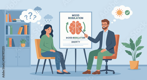Psychiatrist Explaining Diagnosis
A flat vector illustration of a psychiatrist explaining a mental health diagnosis to a patient using simple charts or diagrams. 