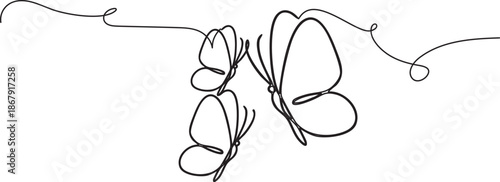 Single flowing line art minimal illustration of two butterflies chasing each other in the air