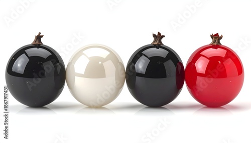 Four round objects, varying colors, lined up, with small brown stems