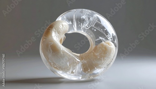 Doughy substance trapped within a clear, ring-shaped object