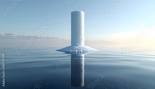 A cylindrical ice structure, reflected in calm waters against a light sky