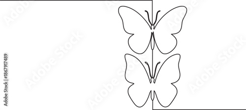 Modern single stroke line clean outline style of two butterflies stacked vertically in a line