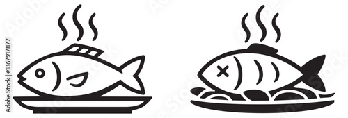 Line art fish meal icons set featuring steaming cooked fish on plates, one with an x mark for restaurant menus and seafood dishes
