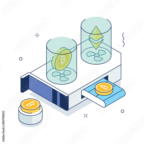 Modern isometric illustration of bitcoin mining process in crypto network
