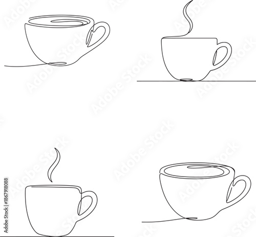 Four different views of a teacup with steam rising in continuous one line drawing style