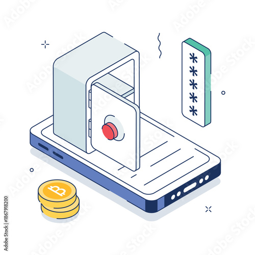 An editable isometric illustration showing secure crypto wallet technology