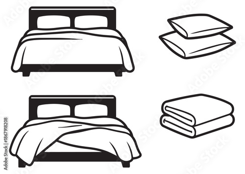 Line art bedroom icons set featuring beds, pillows, and blankets for home and hotel accommodation