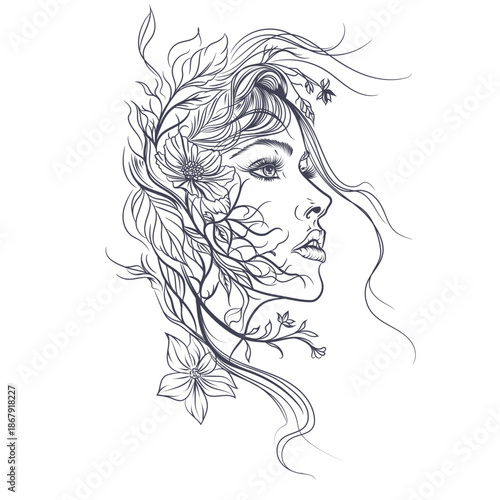 Fashion vector lined beautiful fairy nymph in elegant style, portrait with flowers and branches