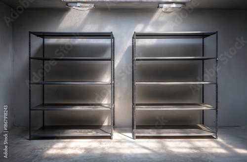 Empty Metal Shelving Units in a Concrete Room with Sunlight Patterns