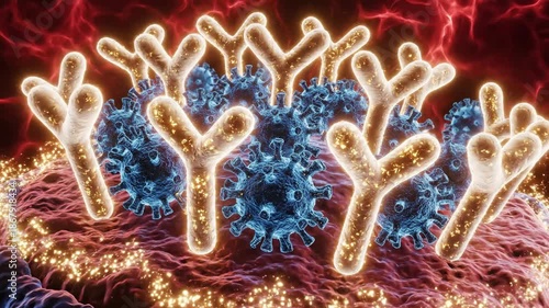 Antibodies attacking virus cells, immune system response to infection.