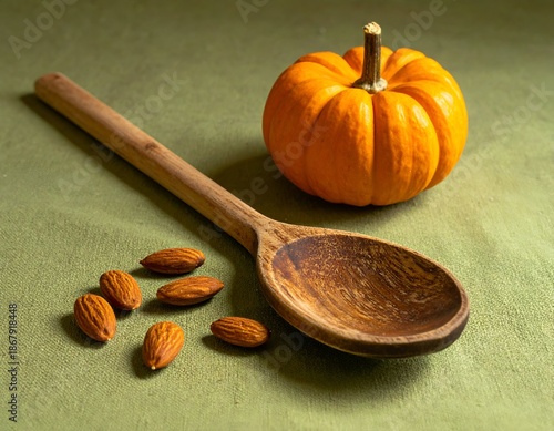 Close-up of a small pumpkin, wooden spoon, and almonds on a textured green surface