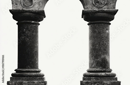 Ancient Stone Columns Forming an Archway in Monochrome with White Background