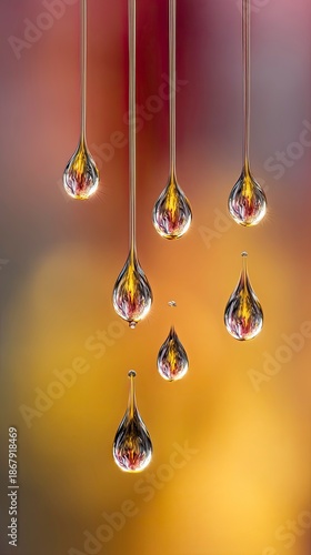 Abstract water drops with golden reflections, macro photography.