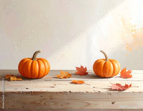 Two pumpkins sit on a wooden table with fall leaves, bathed in warm sunlight