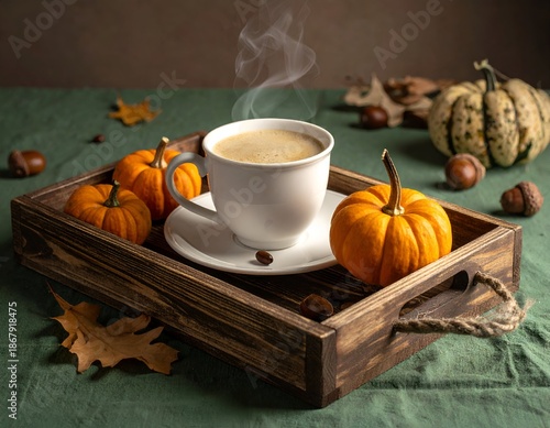 A tray with a coffee cup, mini pumpkins, and fall leaves set on a green table