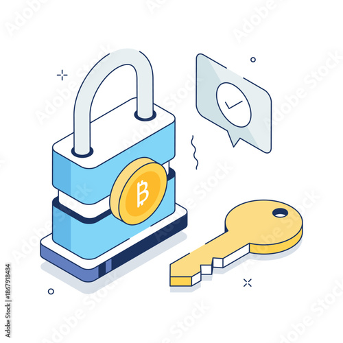 An isometric illustration of bitcoin security key, ready to use