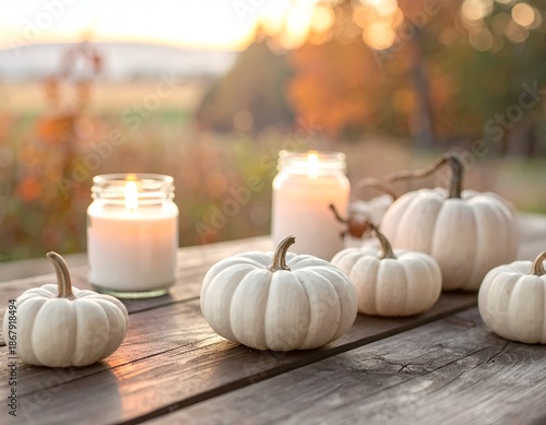 White pumpkins and candles on a wooden table, blurred background, warm autumn colors