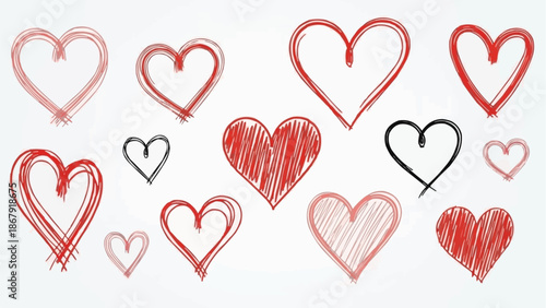 Collection of hand drawn heart shapes in various sizes and colors.