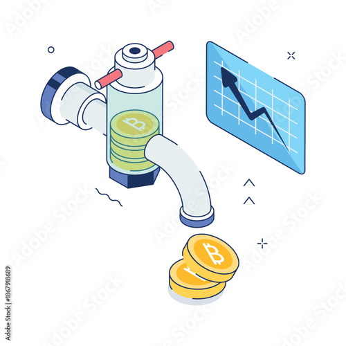 Unique isometric illustration of bitcoin faucet reward system