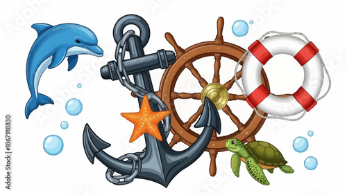 Nautical elements with dolphin turtle starfish anchor ship wheel and lifebuoy.