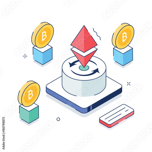 Modern isometric illustration of cryptocurrency exchange trading platform