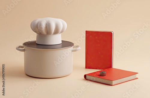 Chef's Hat on Cooking Pot with Recipe Books for Culinary Education