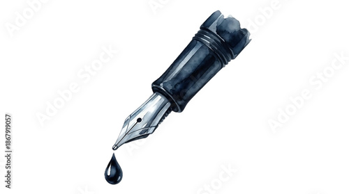 A fountain pen with a drop of ink on the tip on transparent background