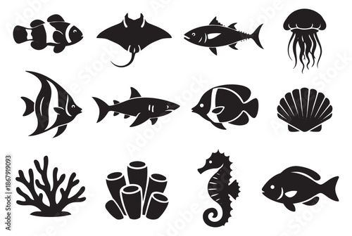 Simple silhouette marine life icon set featuring various fish, sea creatures, and coral for ocean themed graphic design