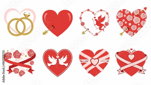 Collection of Valentines Day Heart Symbols and Decorations.