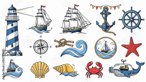 Nautical elements collection with lighthouse ship anchor and wheel.