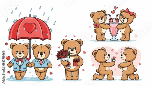 Cute teddy bears in various romantic scenarios for Valentines Day.