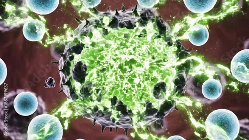 Microscopic view of a virus or bacteria cell being attacked by immune cells, representing medical research and disease treatment.