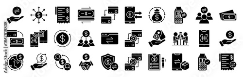 Transactions glyph style editable icon set collection. Editable stroke. Vector illustration eps 10