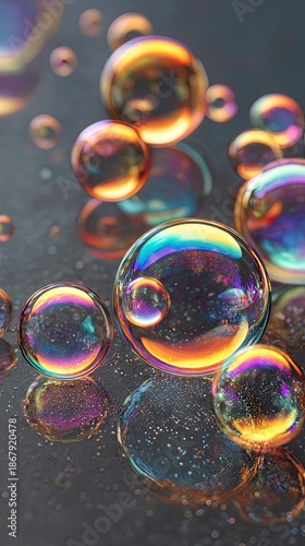 Iridescent Soap Bubbles Floating on a Dark Wet Surface with Colorful Reflections