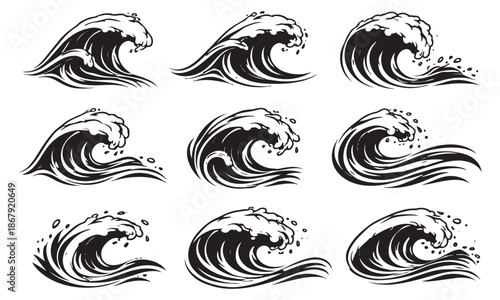Hand drawn line art ocean waves set featuring powerful crashing water for summer projects