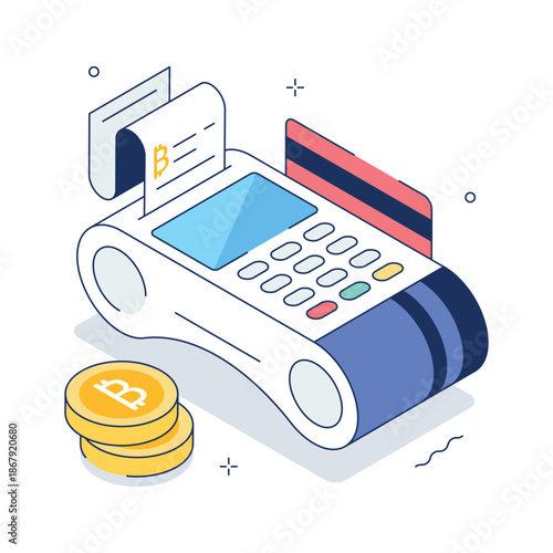 Modern isometric illustration of bitcoin pos payment, ready to use