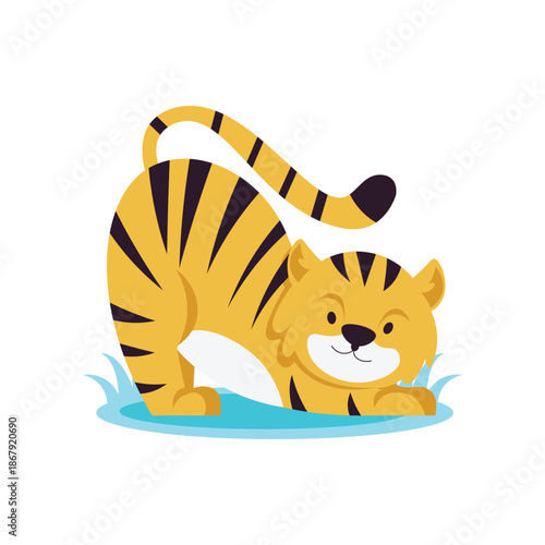 Cute Cartoon Tiger Stretching Playfully with Stripes.